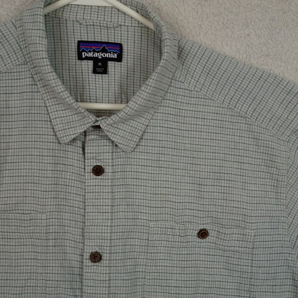 Patagonia Worn Wear Shirt Mens‎ XL Grey Hemp Organic Cotton Grid Short Sleeve
